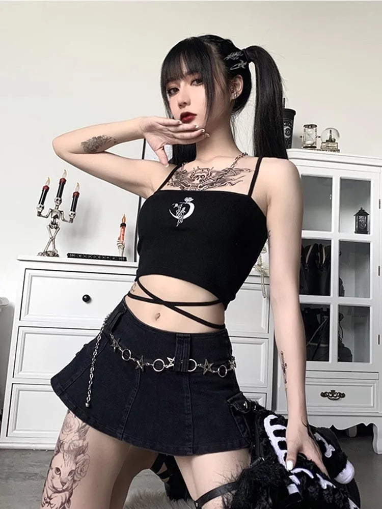 Graphic Square Neck Crop Top with Slim Fit Alternative Streetwear Style