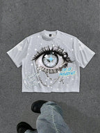 Graphic Eye Crop Tee with Cosmic Artwork and Boxy Streetwear Silhouette