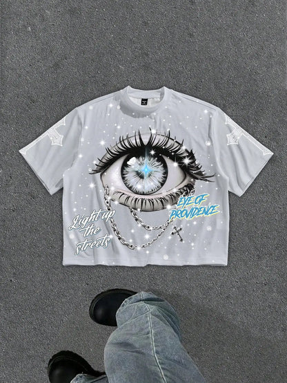 Graphic Eye Crop Tee with Cosmic Artwork and Boxy Streetwear Silhouette