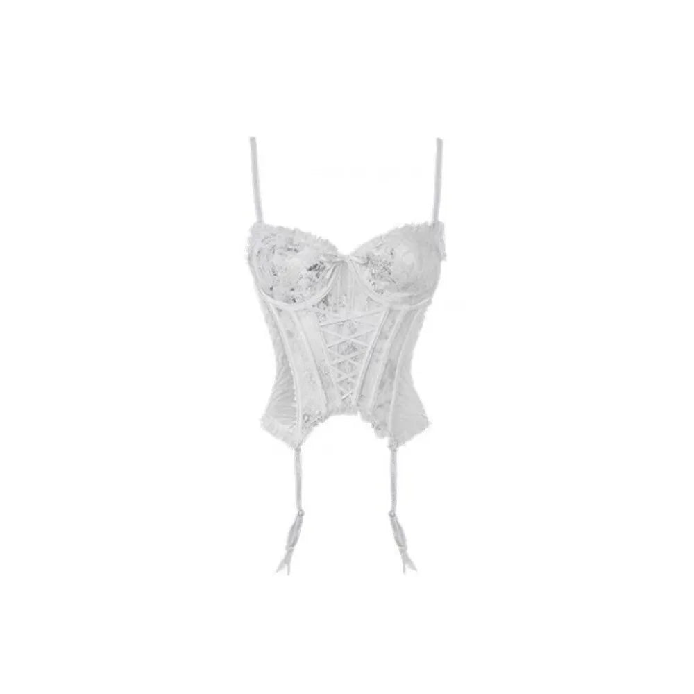 Black Sheer Mesh Bustier with Sweetheart Lace Neckline and Suspender Straps