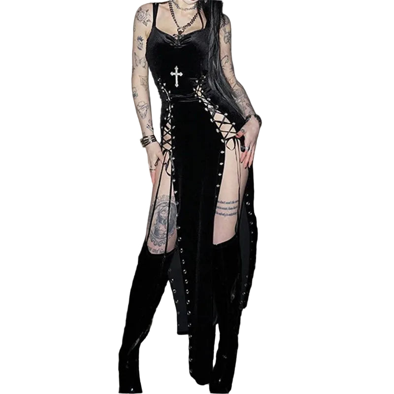 Dark Gothic Split-Leg Maxi Dress with Alternative Streetwear Aesthetic