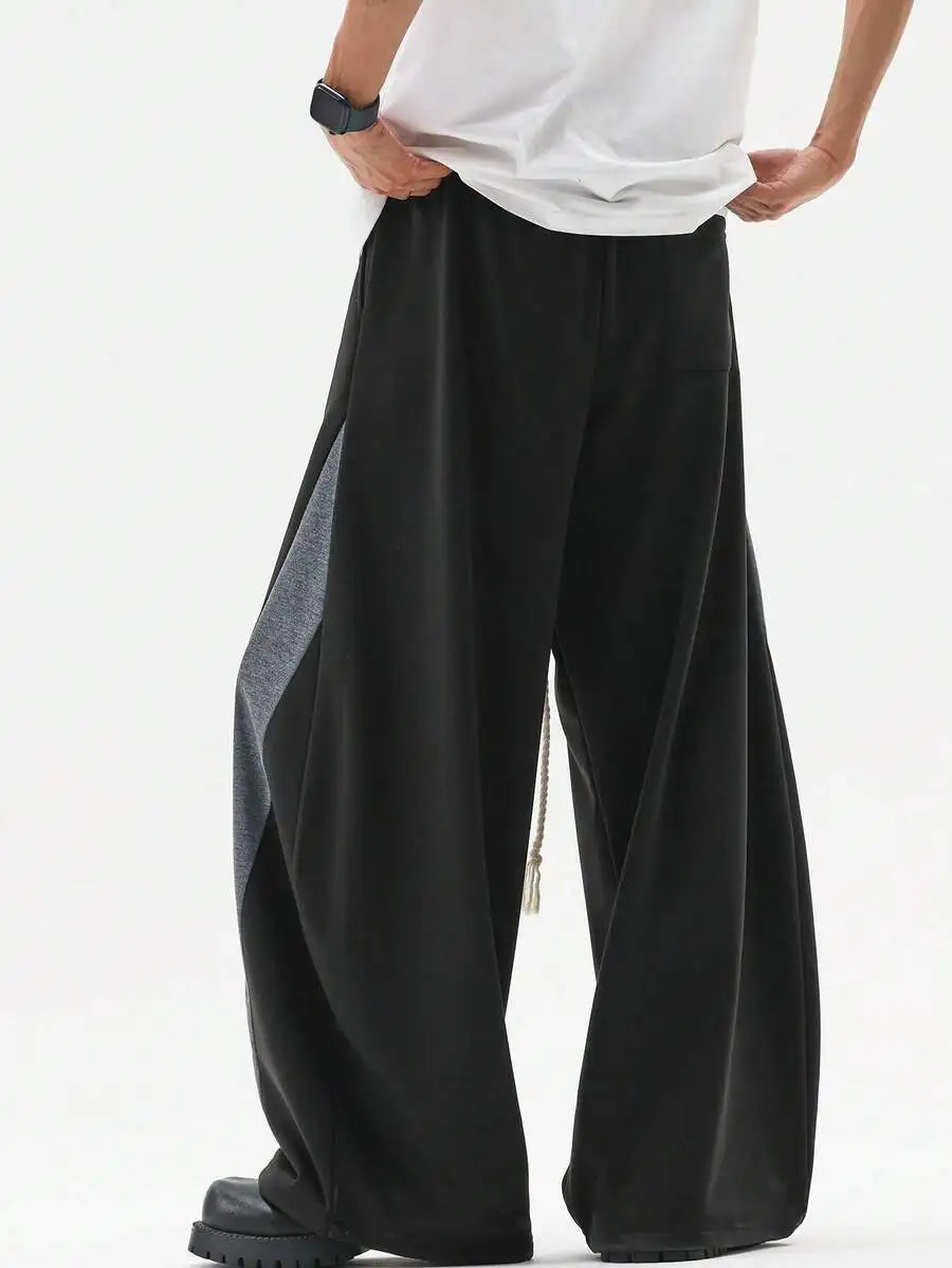 Men's Wide Leg Drawstring Sweatpants with Contrast Panel Design and Relaxed Fit
