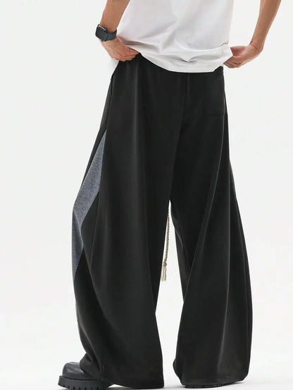 Men's Wide Leg Drawstring Sweatpants with Contrast Panel Design and Relaxed Fit