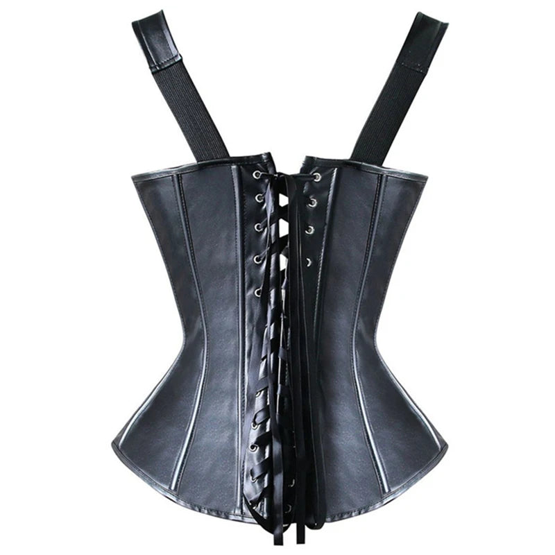 Faux Leather Overbust Harness Corset with Metallic Buckles and Zipper Detail