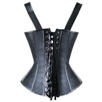 Faux Leather Overbust Harness Corset with Metallic Buckles and Zipper Detail