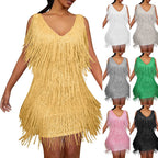 Layered Fringe V-Neck Mini Dress with Dynamic Tassel Detailing