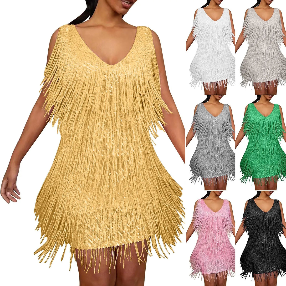Layered Fringe V-Neck Mini Dress with Dynamic Tassel Detailing