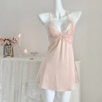 Soft Blush Pink Satin-Finish Nightgown with Sheer Lace Bodice and Halter Straps