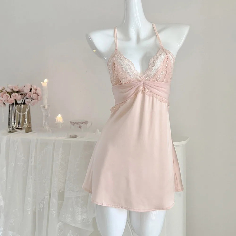 Soft Blush Pink Satin-Finish Nightgown with Sheer Lace Bodice and Halter Straps