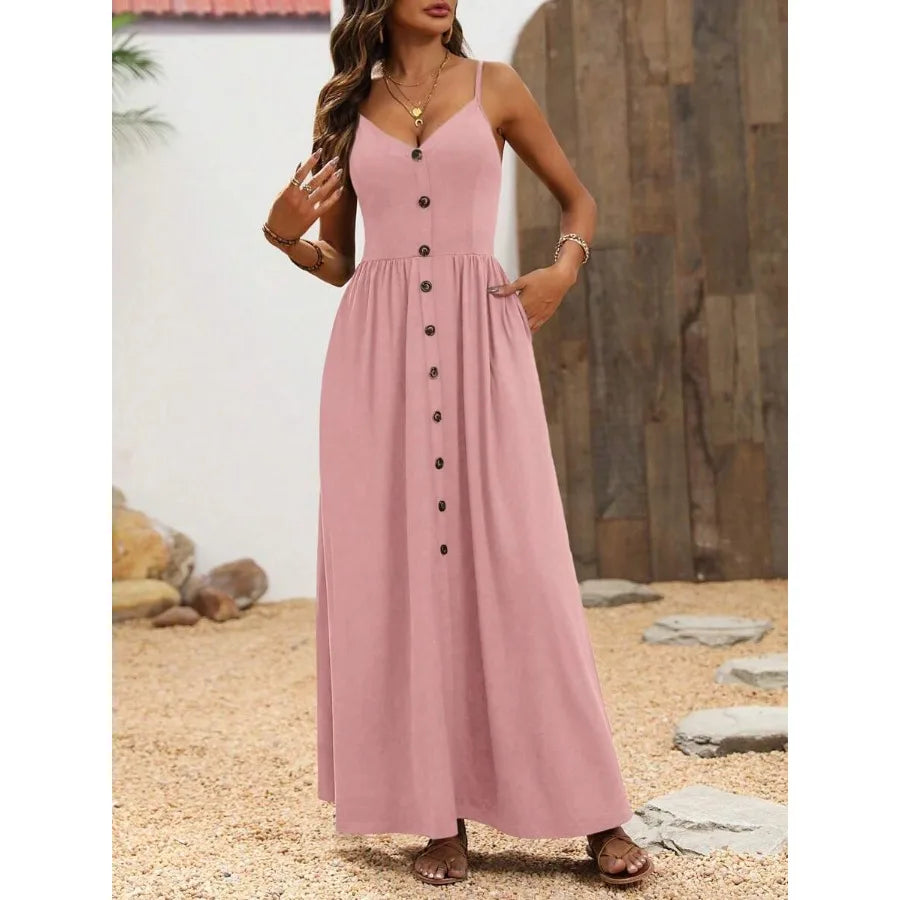 Button Front Maxi Dress With Relaxed A Line Silhouette