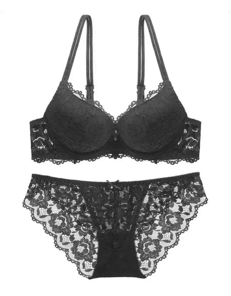 Rich Berry Floral Lace Push-Up Bra and Scalloped Panty Set with Double Strap Detail