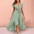 Ruffle Detail Wrap Midi Dress with Layered Contemporary Silhouette