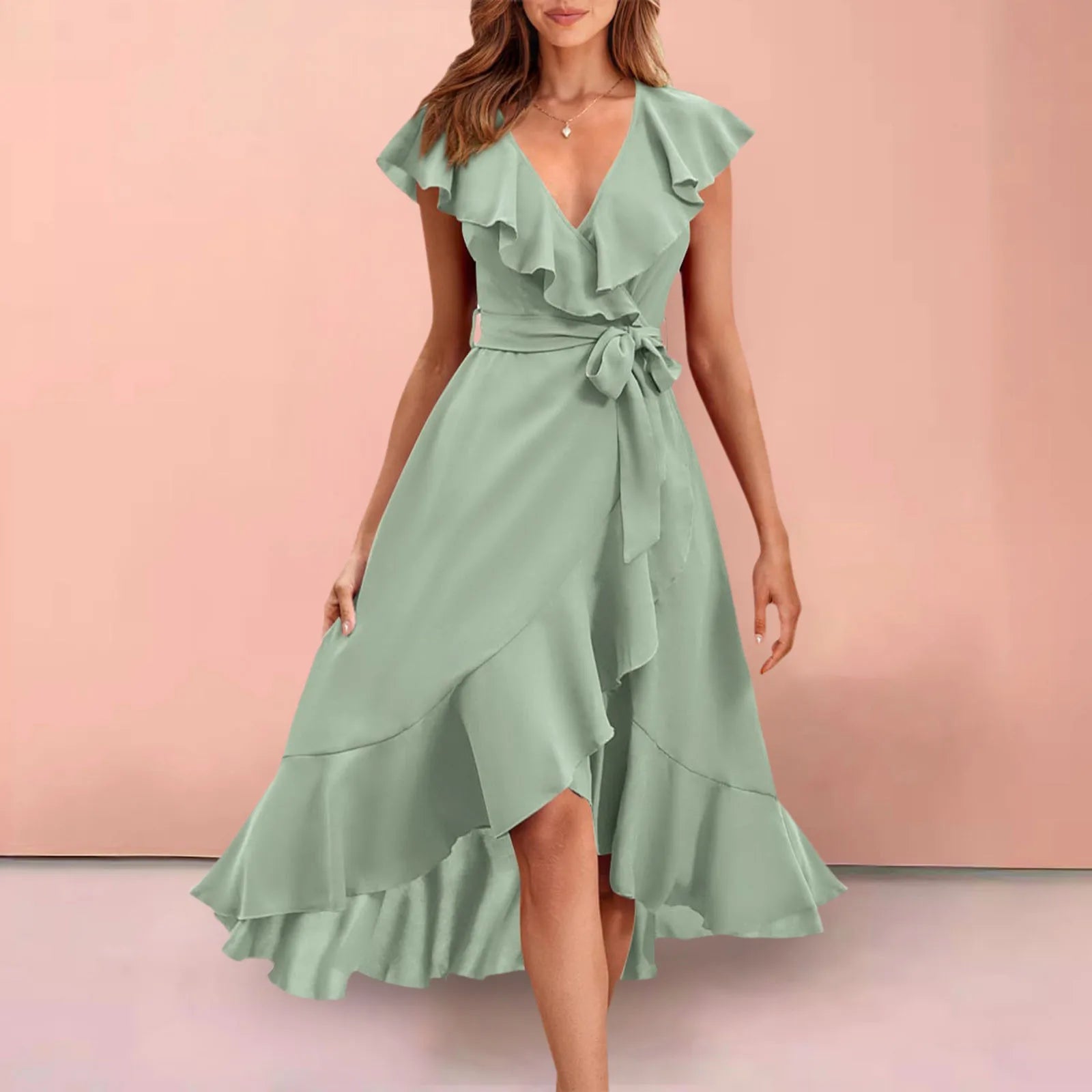 Ruffle Detail Wrap Midi Dress with Layered Contemporary Silhouette