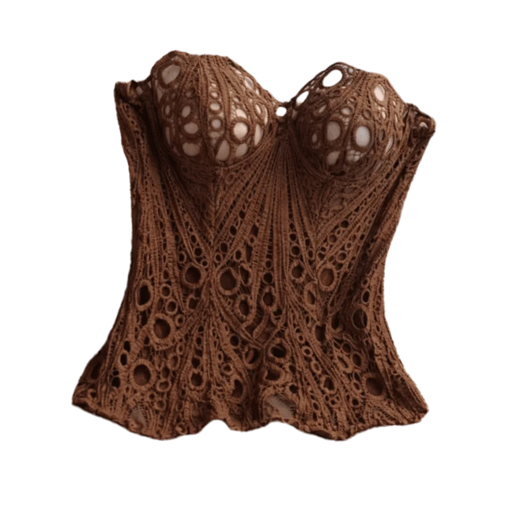 Intricate Brown Sheer Floral Lace Strapless Corset with Front Ribbon Tie