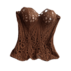Intricate Brown Sheer Floral Lace Strapless Corset with Front Ribbon Tie