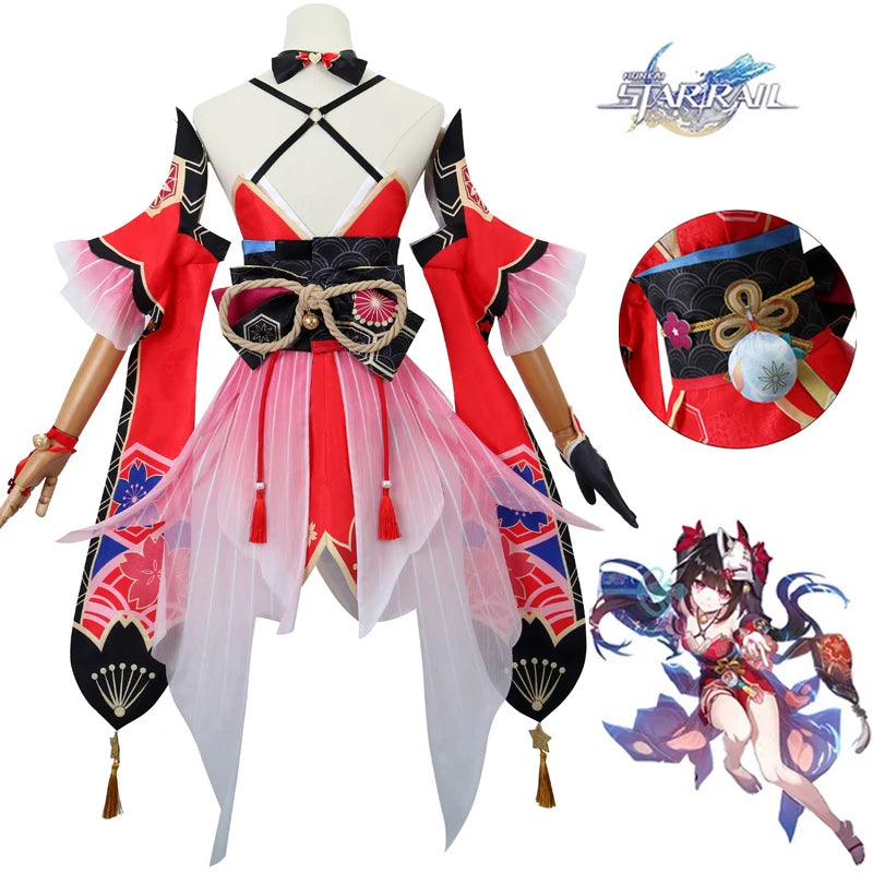 Elaborate Floral Kimono-Style Cosplay Costume with Fox Mask and Flowing Sleeves