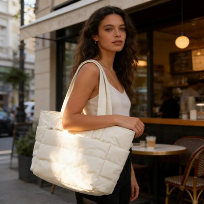 Quilted Cotton Laptop Tote Bag with Multiple Pockets Large Capacity Shoulder Carry