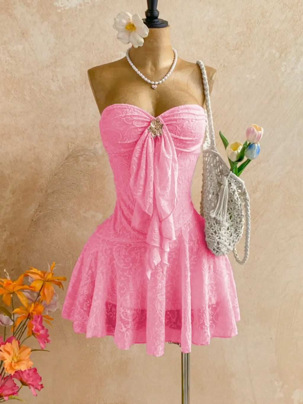 Pink Strapless Lace Mini Night Dress with Sweetheart Neckline, Front Ruffle and Floral Brooch Detail, Flared Skirt Silhouette