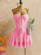 Pink Strapless Lace Mini Night Dress with Sweetheart Neckline, Front Ruffle and Floral Brooch Detail, Flared Skirt Silhouette