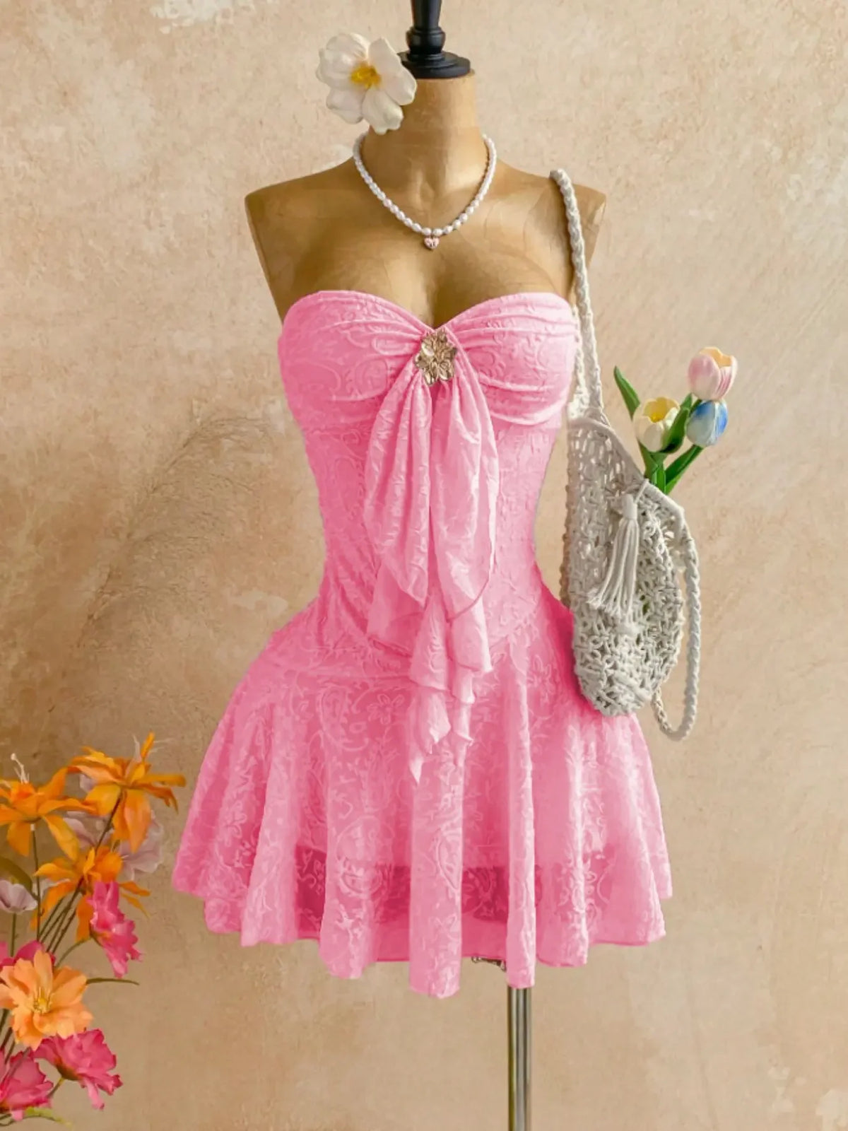 Pink Strapless Lace Mini Night Dress with Sweetheart Neckline, Front Ruffle and Floral Brooch Detail, Flared Skirt Silhouette