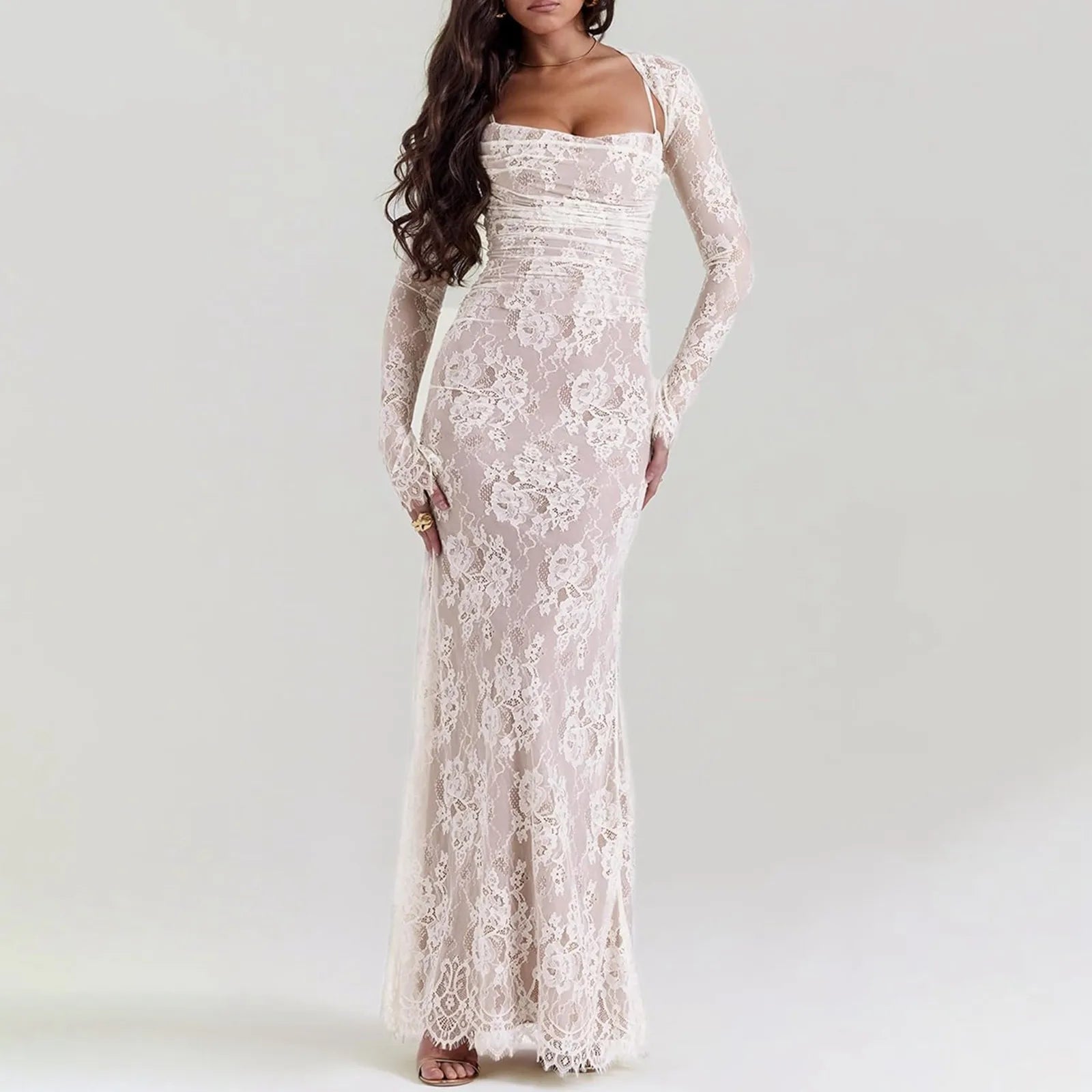 Textured Maxi Dress With Draped Sleeves And Sculpted Silhouette