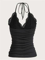 Lace Trim Halter Crop Top with Ruched Front Backless Streetwear Style