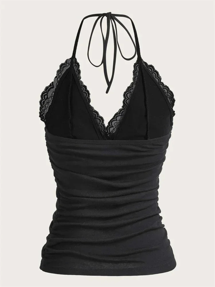 Lace Trim Halter Crop Top with Ruched Front Backless Streetwear Style
