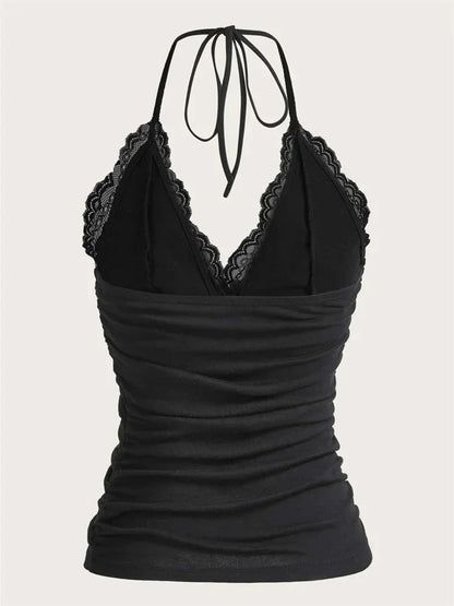 Lace Trim Halter Crop Top with Ruched Front Backless Streetwear Style