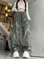Loose Fit Cargo Pants with Straight Wide Leg Utility Pocket Casual Streetwear Style