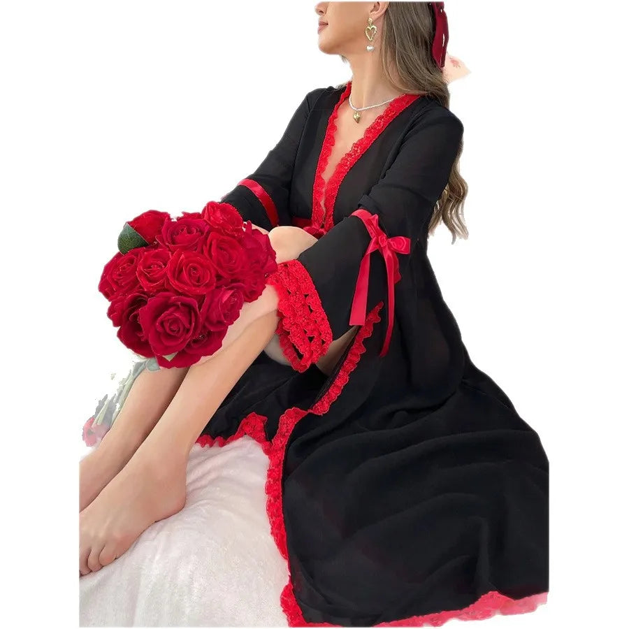 Dramatic Sheer Black Long Robe with Contrasting Red Ruffled Trim