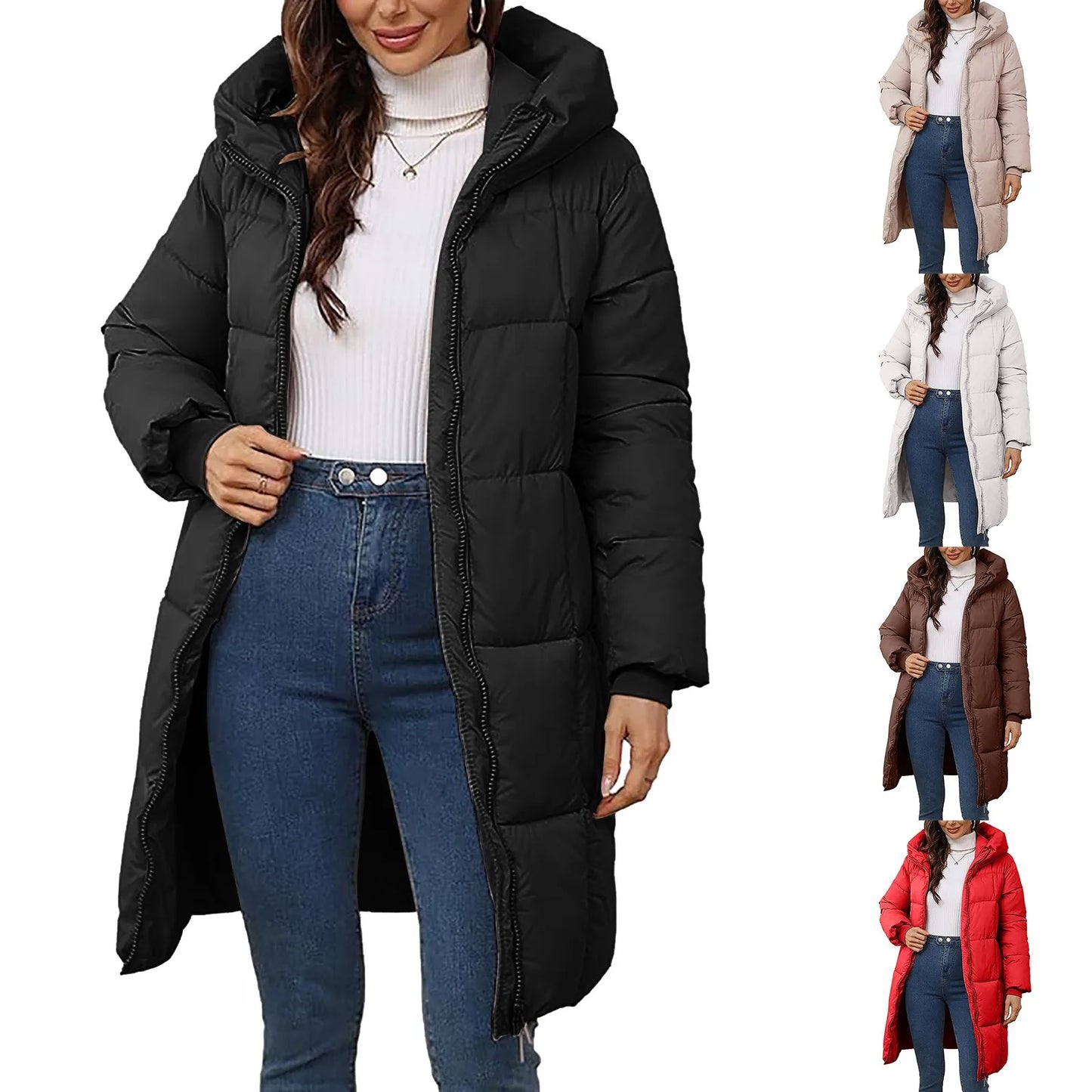Women's Long Hooded Quilted Puffer Coat Warm Casual Winter Zip-Up Outerwear