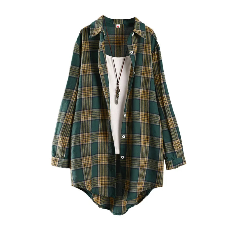 Vintage-Inspired Forest Green Plaid Mid-Length Outerwear Shirt with Rolled Sleeves