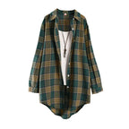 Vintage-Inspired Forest Green Plaid Mid-Length Outerwear Shirt with Rolled Sleeves