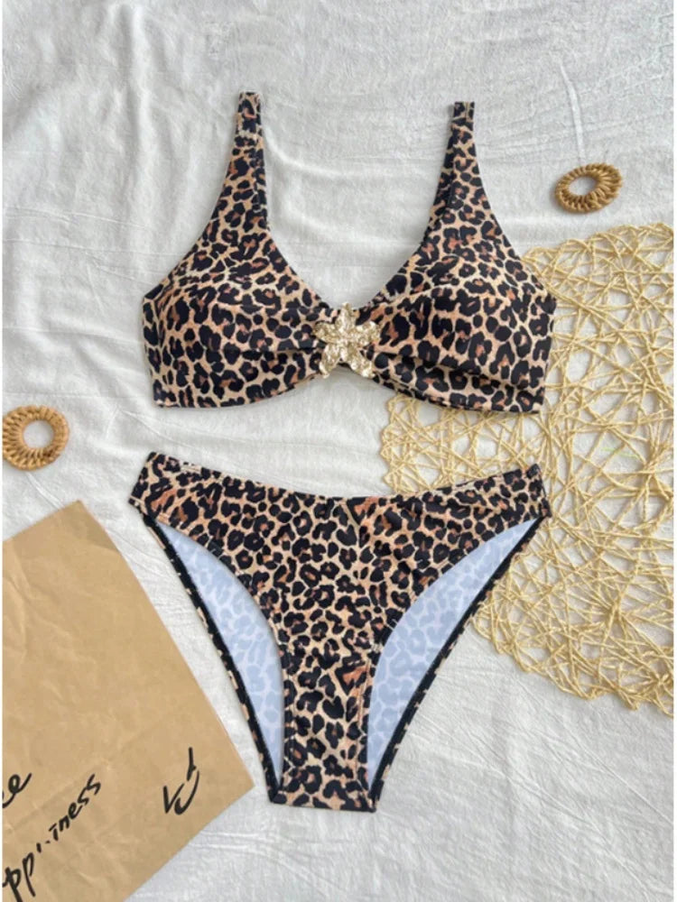 Leopard Print Bikini Set with Metallic Starfish Center Hardware