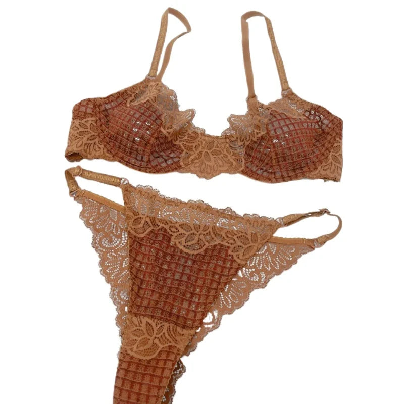 Crisp White Geometric Lace Unlined Underwire Bra and Brief Set
