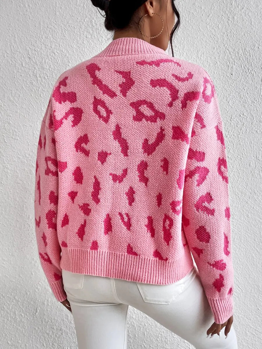 Women's Leopard Pattern Drop Shoulder Relaxed Knit Pullover Streetwear Sweater