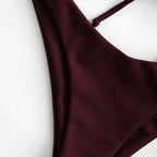 Burgundy Two-Piece Bikini Set with Lace-Up Halter Top, Crisscross Back Straps and Matching High-Waisted Bottom