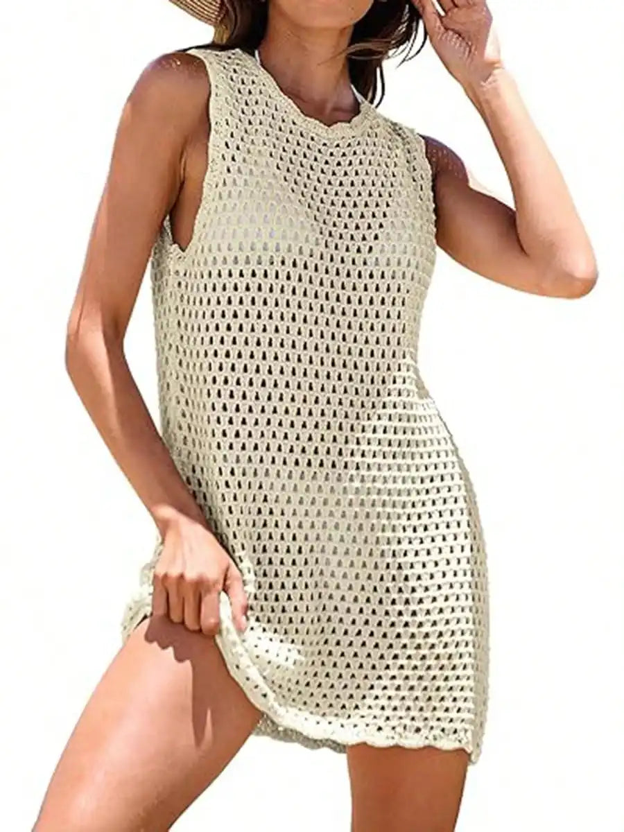 Black Crochet Backless Beach Cover-Up Dress with Hollow-Out Knit Design, Sleeveless Silhouette and Mini Length