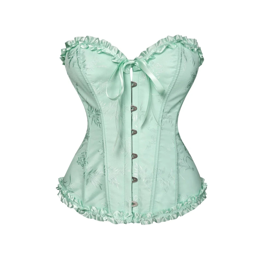 Jacquard Overbust Corset with Ruffled Trim, Structured Boning and Lace-Up Back