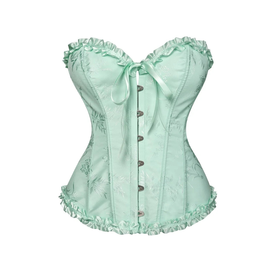 Jacquard Overbust Corset with Ruffled Trim, Structured Boning and Lace-Up Back