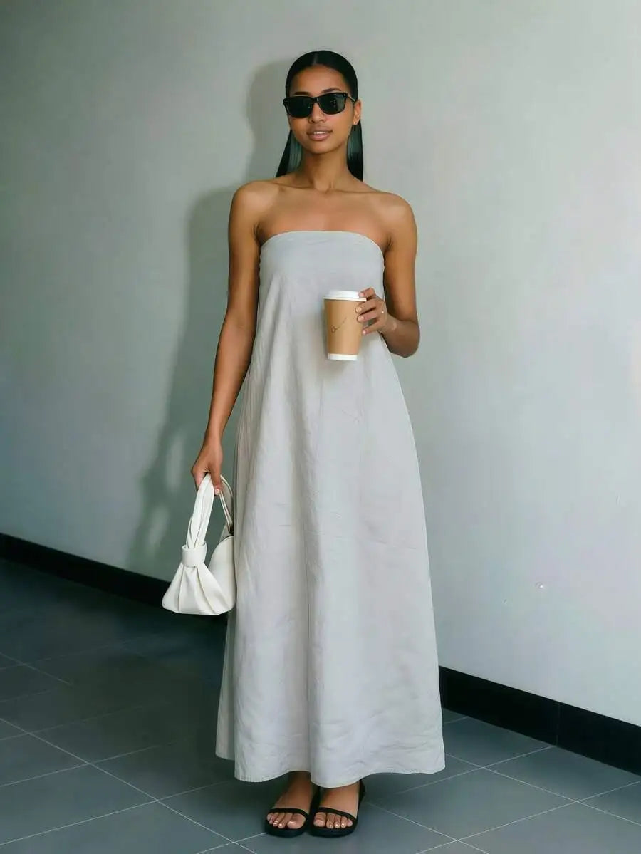 Strapless Linen Maxi Dress with Backless Design and Relaxed Silhouette