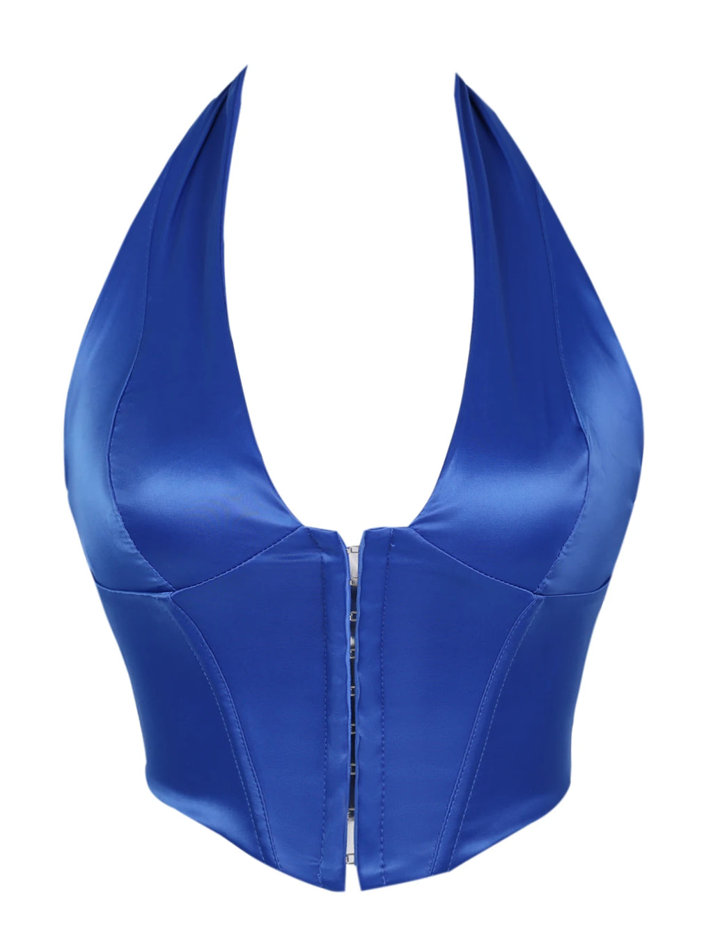 Sleek Black Satin Halter Bustier with Deep V-Neckline and Front Hook Closure