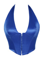 Sleek Black Satin Halter Bustier with Deep V-Neckline and Front Hook Closure