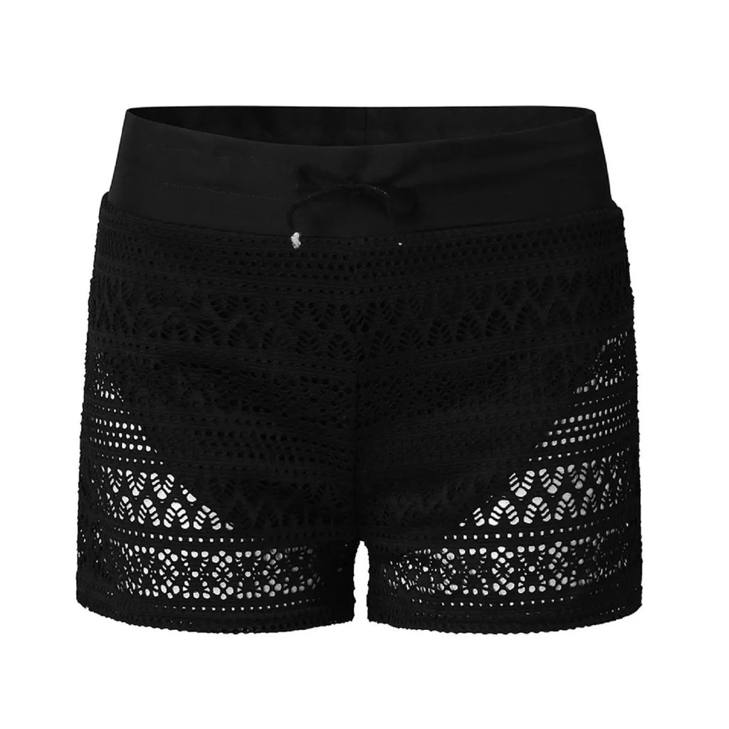 Crochet Lace Swim Shorts with Drawstring Waistband and Scalloped Side Slit
