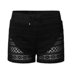 Crochet Lace Swim Shorts with Drawstring Waistband and Scalloped Side Slit