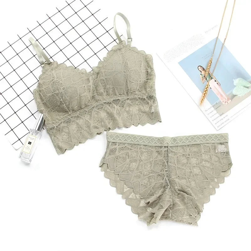 Scalloped Floral Lace Longline Camisole Bralette and Seamless Laser-Cut Brief Set