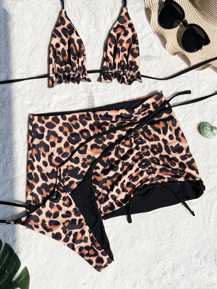 Reversible Leopard Print Three-Piece String Bikini Set with Ruched Skirt