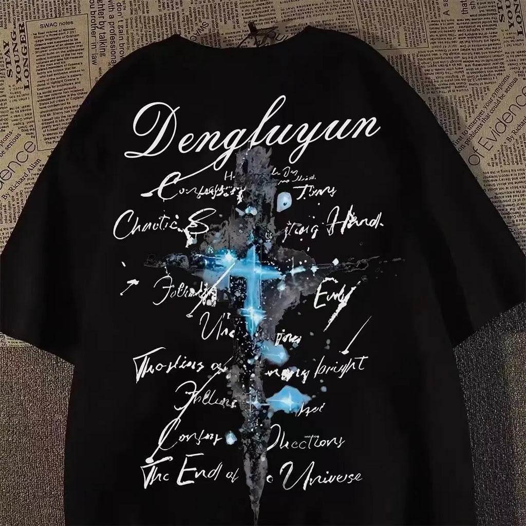 Oversized Cross Graphic Cotton T-Shirt with Vintage Script Streetwear Design