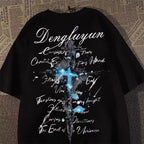 Oversized Cross Graphic Cotton T-Shirt with Vintage Script Streetwear Design
