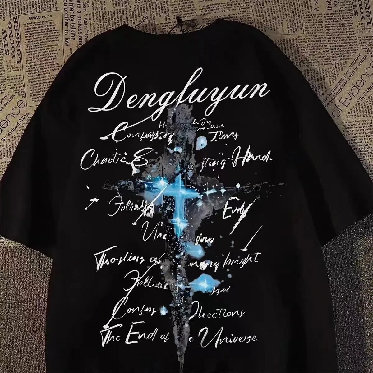 Oversized Cross Graphic Cotton T-Shirt with Vintage Script Streetwear Design